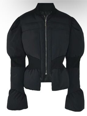 Micas Black Puff-Sleeve Quilted Jacket - Women Peplum Waist